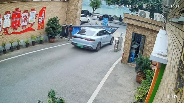 小车冲破道闸仰面斜靠坎下江边护栏女司机疑将油门当刹车幸运脱险